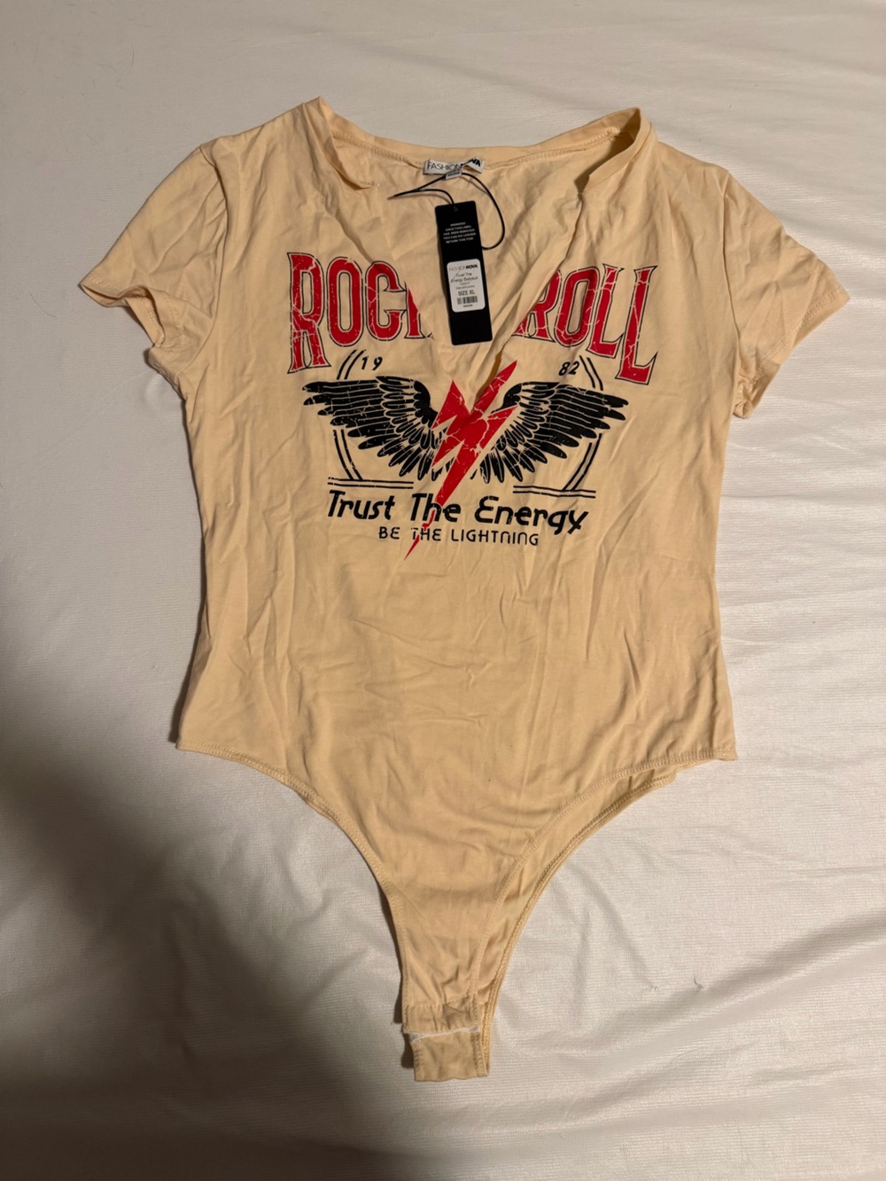 Fashion Nova Cream Rock & Roll Graphic Tank Bodysuit
